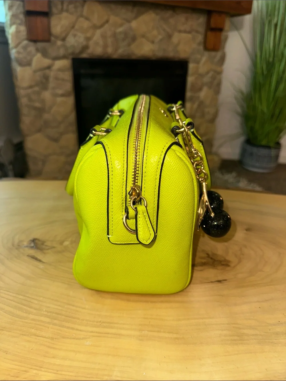 💚💛💚💛Coach Neon Yellow/lime Saffiano Leather Satchel with Cherry Charm